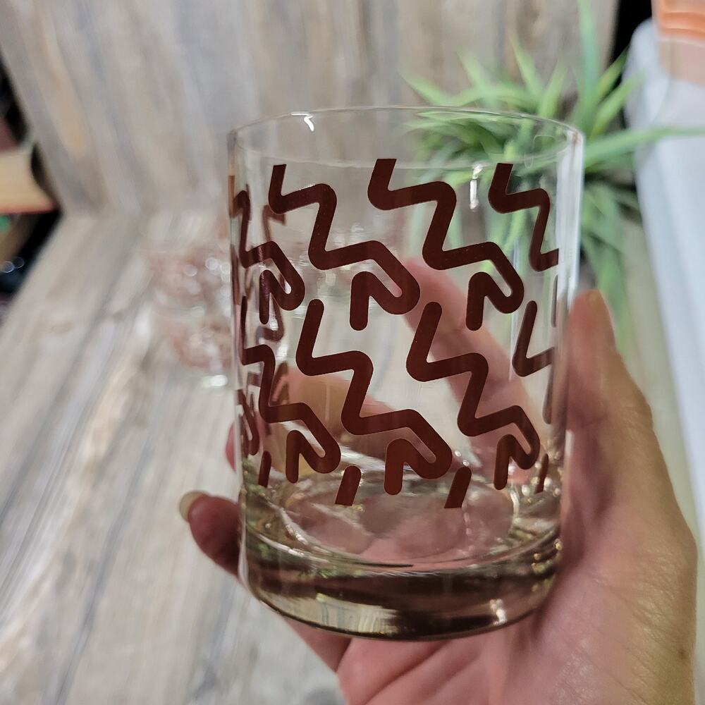 5 Vintage Old Fashioned Tumblers, Clear & Red Geometric